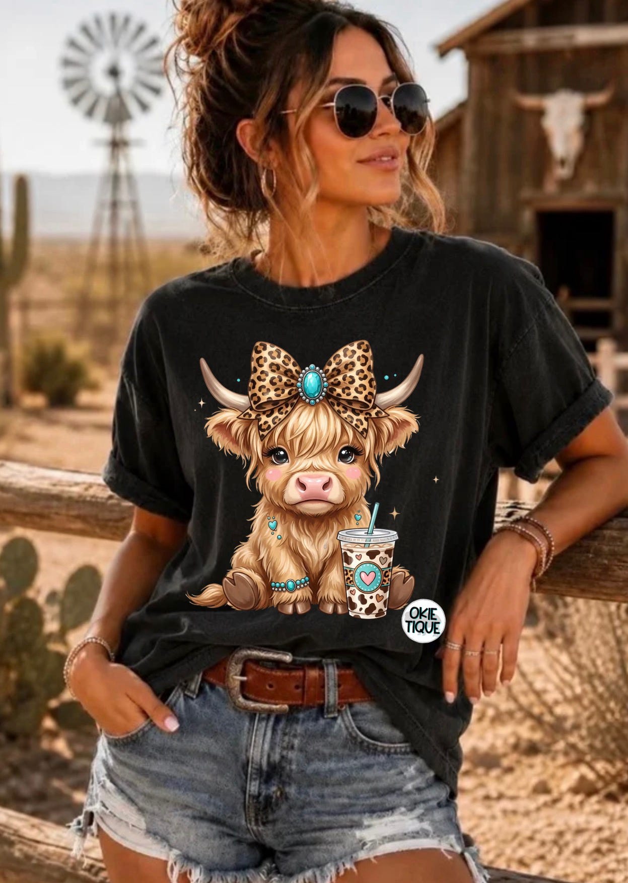 Highlands Cow With Cheetah and Turquoise Bow
