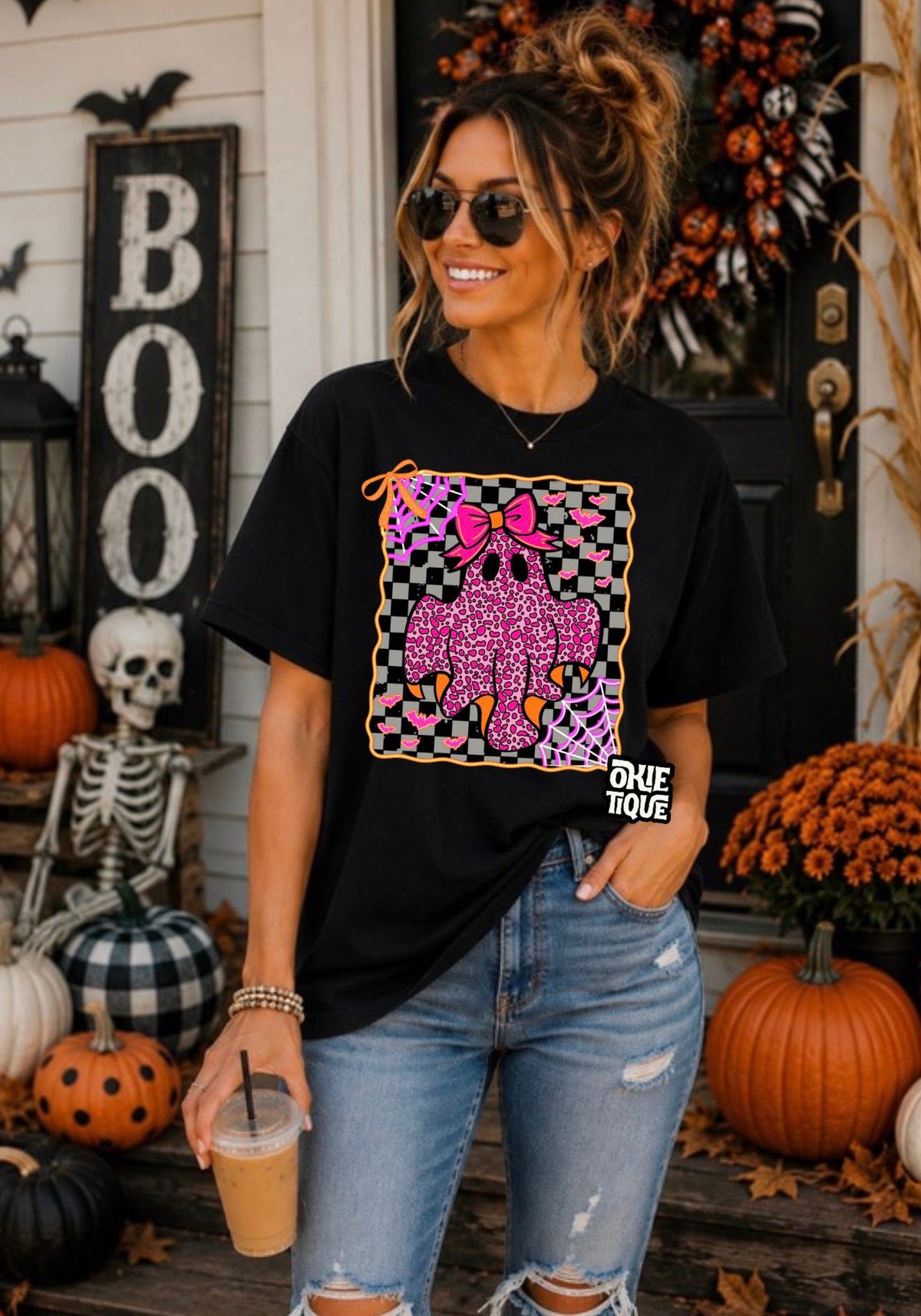 Pink Cheetah Print Ghost With Checkered Background