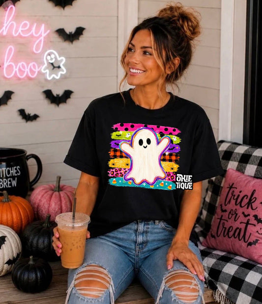 Cheerful Ghost With Bright Halloween Striped Background