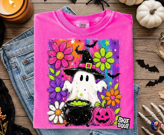 Ghost With Flower Background & Cauldron