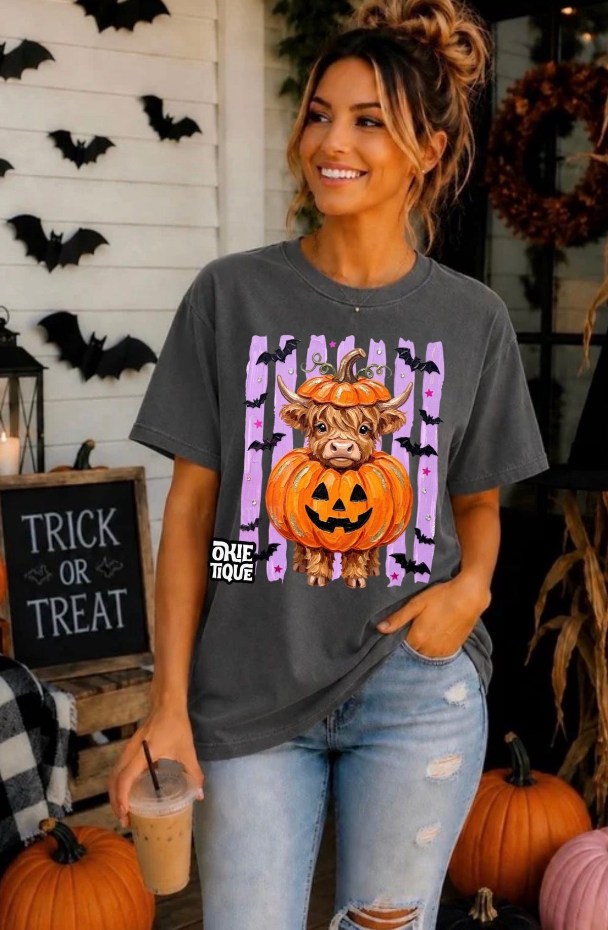 Pumpkin Highland Cow With Purple Stripes & Bats