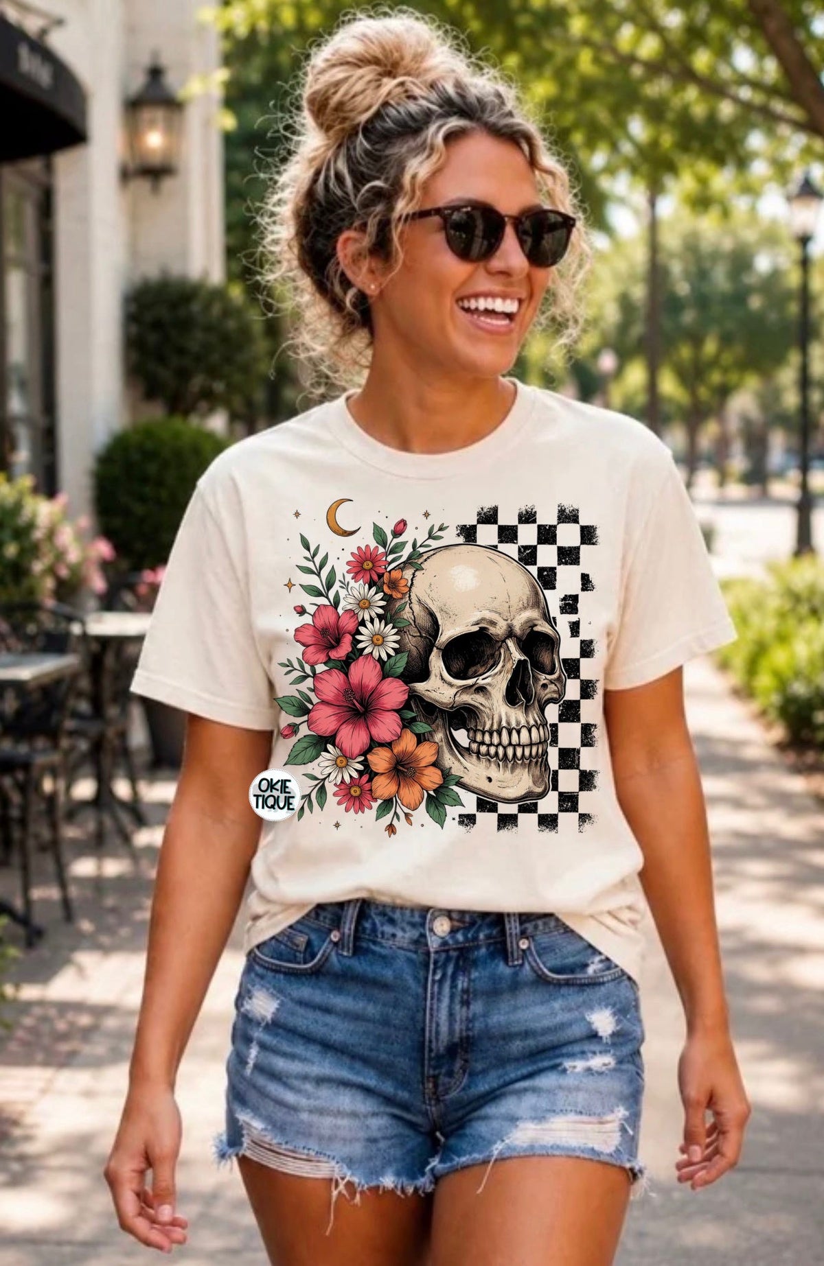 Skull Head With Flowers & Moon