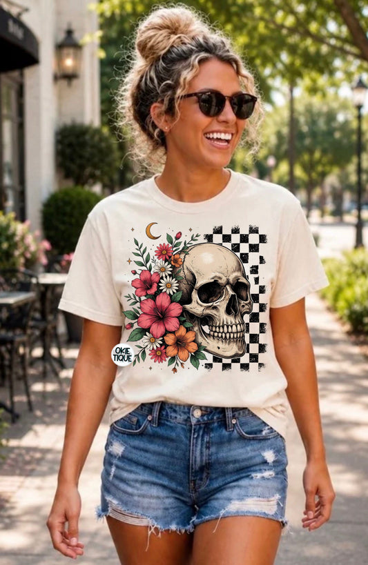 Skull Head With Flowers & Moon