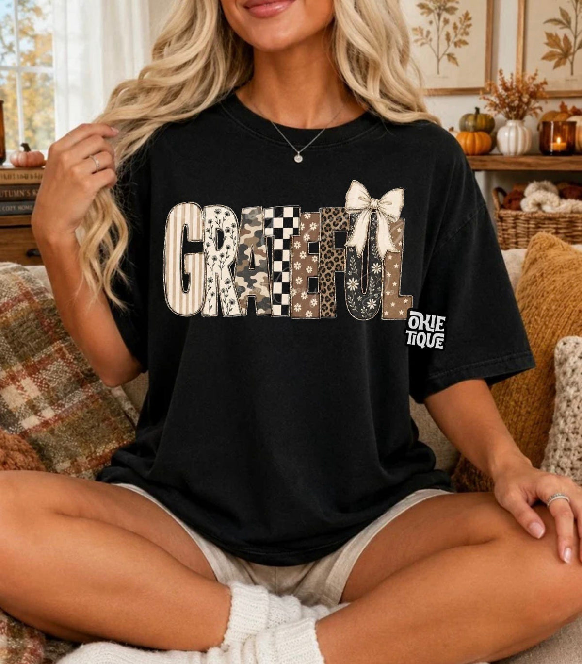 “Grateful” With Bow  (Brown Patterns)